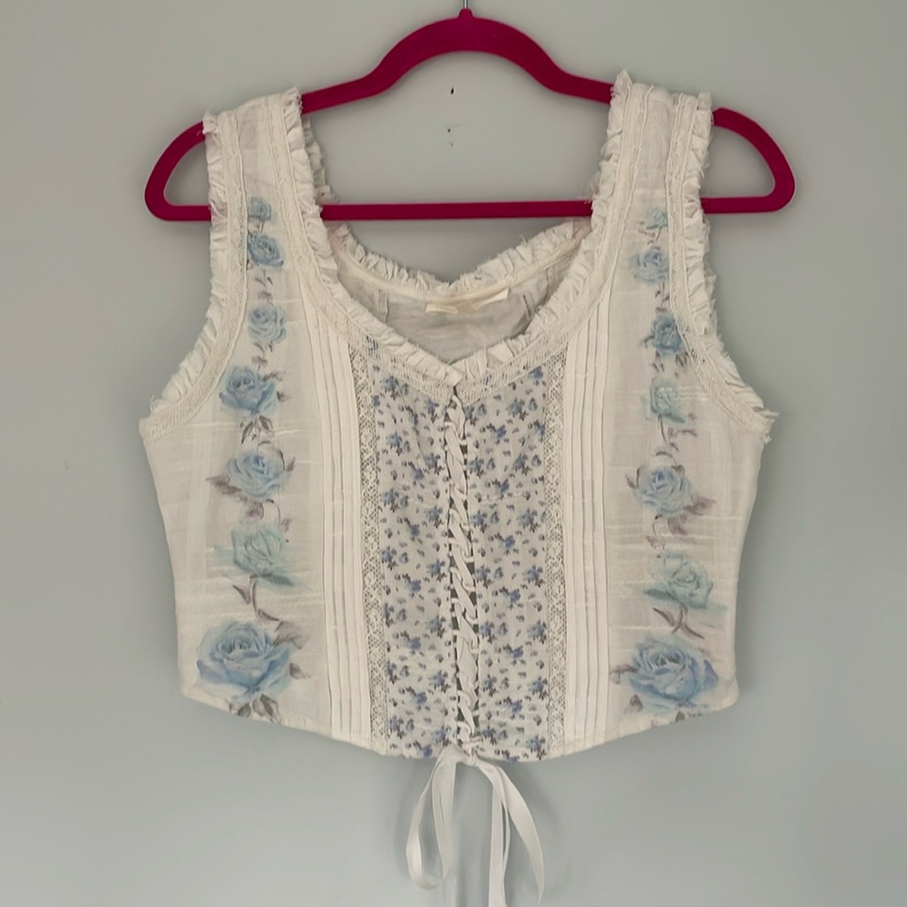 LoveShackFancy White and Blue Floral Top